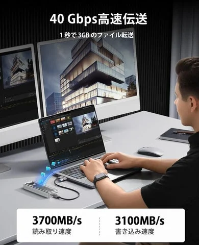 ノートPCで動画編集を行うユーザーと、SSDケースの転送速度を示すグラフ