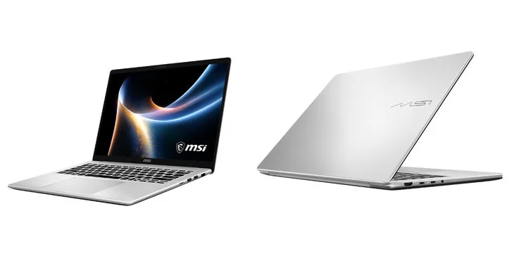 アーバンシルバーカラーのModern 14S AI+ G3M、開いた状態と閉じた状態