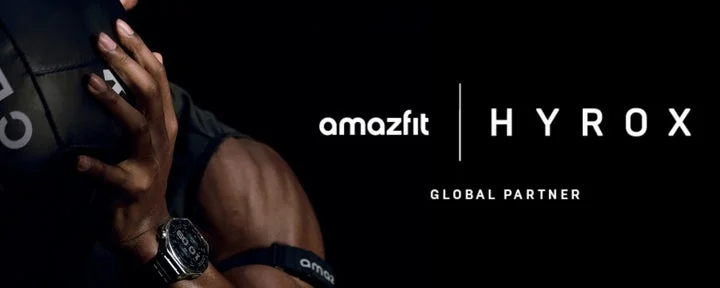 AmazfitとHYROXの公式グローバルパートナーシップを示すロゴとビジュアル