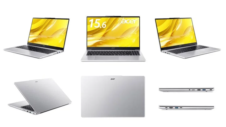 Aspire Lite 15の多角的な外観（正面、側面、背面、閉じた状態）