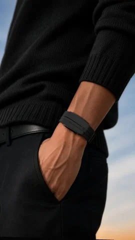 黒いニットを着用した人の手首に装着されたブラックのWHOOP 5.0用ケース