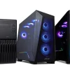 ノートパソコン1台とデスクトップパソコン6台が並んでいる製品ラインナップ画像。