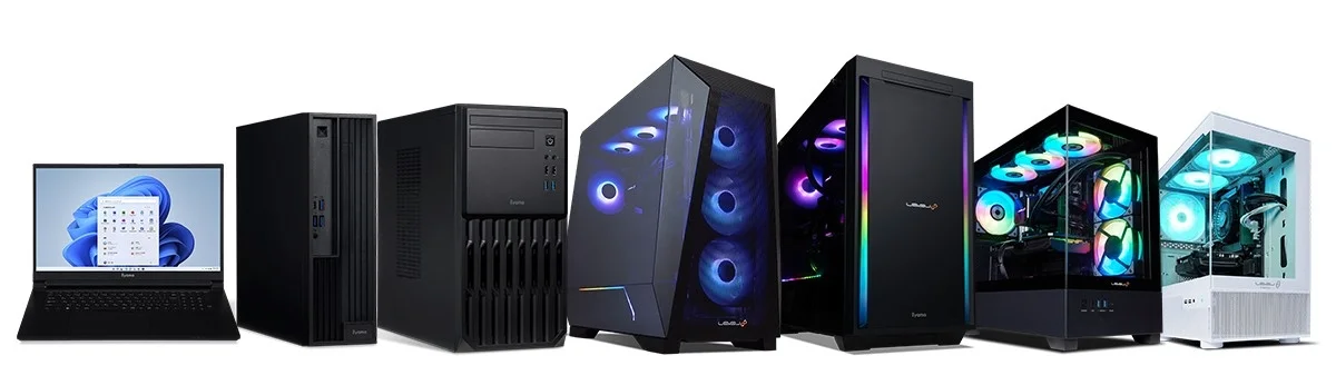 ノートパソコン1台とデスクトップパソコン6台が並んでいる製品ラインナップ画像。