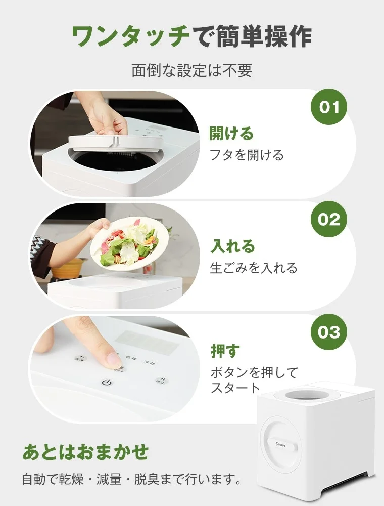 SOPPYのフタを開け、生ごみを入れ、ボタンを押す3ステップの操作手順