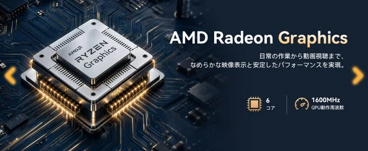 AMD Radeon Graphicsのロゴとグラフィックス性能のスペック表示