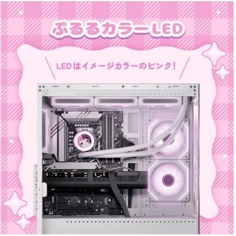 ピンク色に発光するゲーミングPC内部のLEDライティング