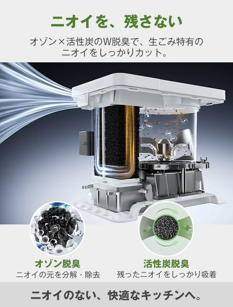 生ごみ処理機の内部構造図とオゾン・活性炭による脱臭メカニズム