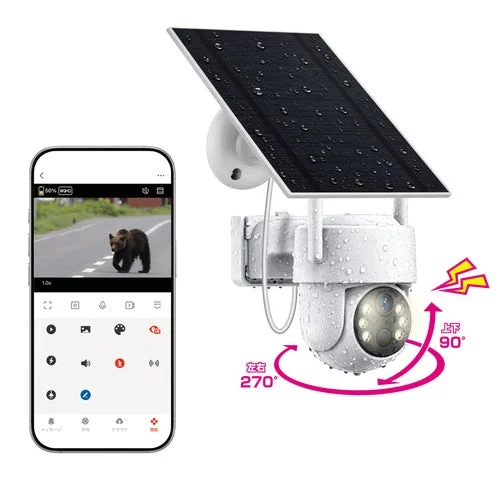 カメラの首振り範囲と、スマホ画面に映るクマの検知映像