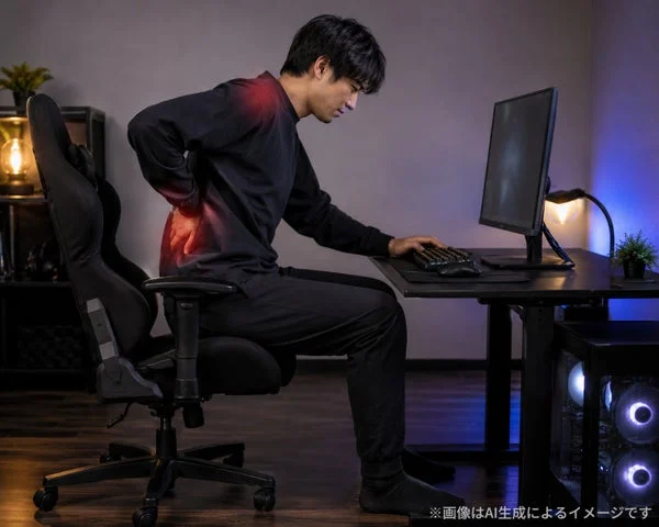 姿勢が悪く首や腰に負担がかかっているゲーマーの様子