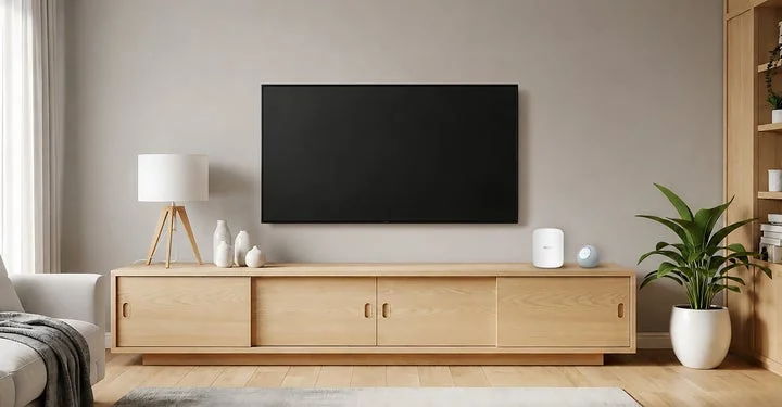 リビングのテレビ台に設置されたeero Max 7とAmazon Echo