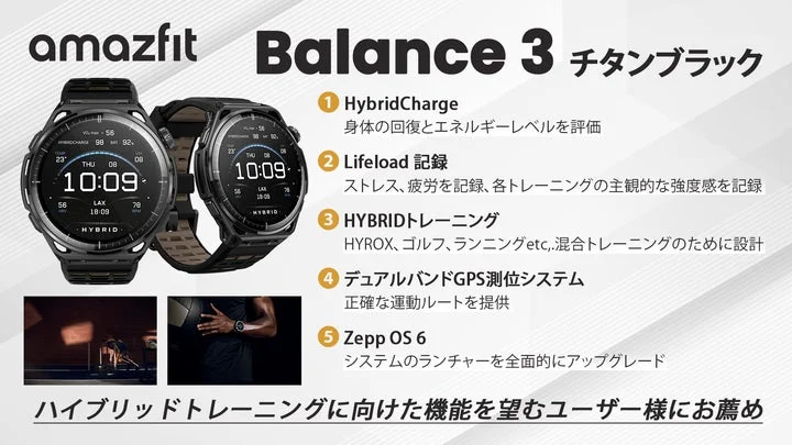 Amazfit Balance 3の機能と特長をまとめた製品紹介画像