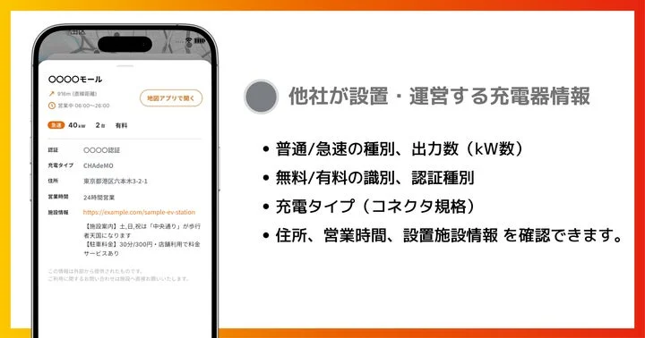 他社充電器の詳細情報画面（種別、出力数、料金、認証種別、住所、営業時間など）