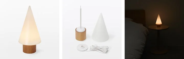 円錐形のシェードを持つインテリアライトと充電台