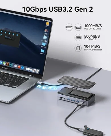 ノートPCと接続されたドッキングステーションとデータ転送速度の図解。