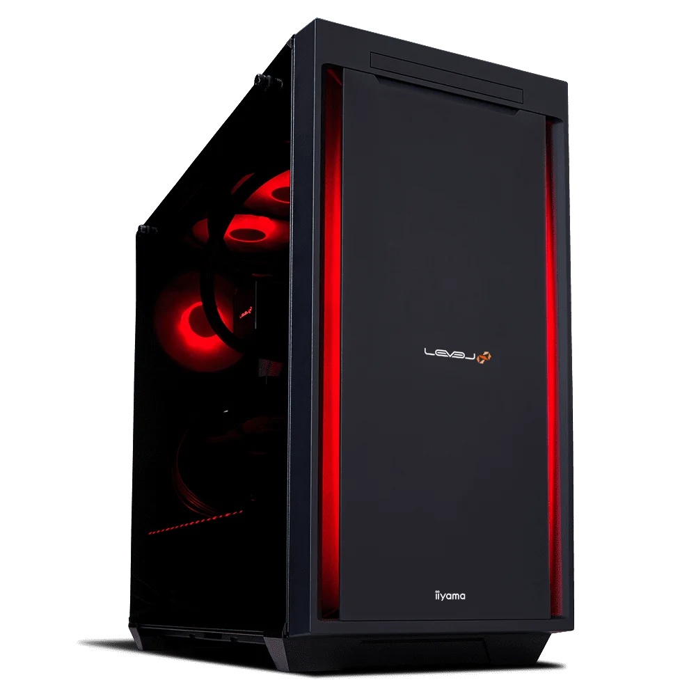 赤色LEDが点灯するLEVEL∞ブランドのゲーミングデスクトップPC