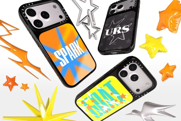 文字や星がデザインされた複数のスマホケースと星型アクセサリー
