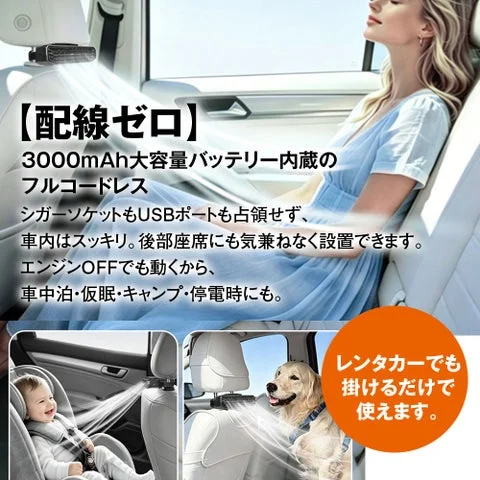 車内の後部座席でファンを使用する様子と、レンタカー等での利用例