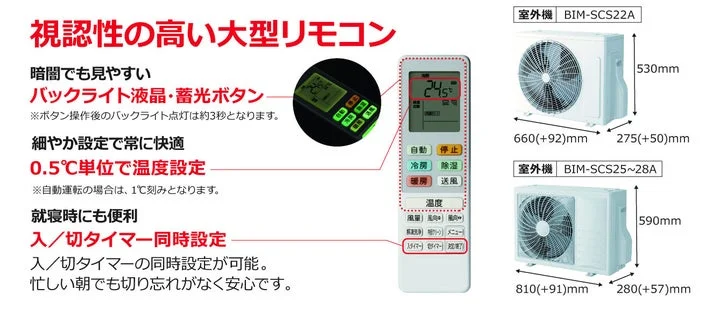大型リモコンの機能説明と各機種の室外機外形寸法図