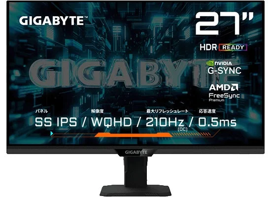 GIGABYTE G27Q20Tのスペックを表示したモニター正面図