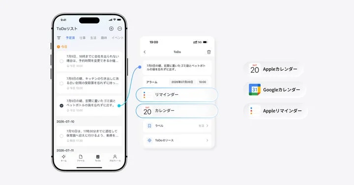アプリのToDoリストとカレンダー連携の様子