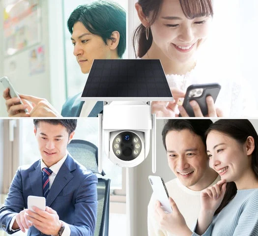 複数の男女がスマートフォンでカメラ映像を確認している様子