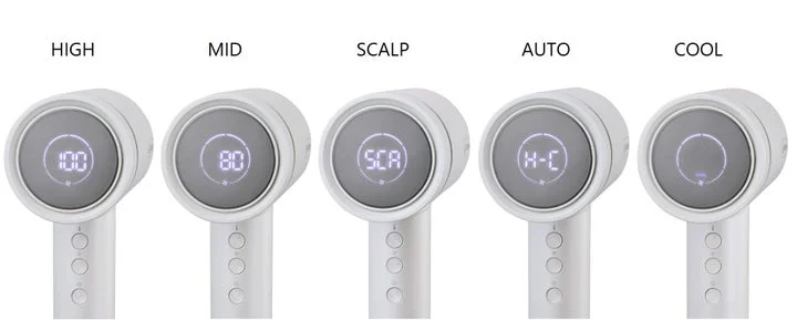 デジタルディスプレイにHIGH、MID、SCALP、AUTO、COOLの各モードが表示されている様子