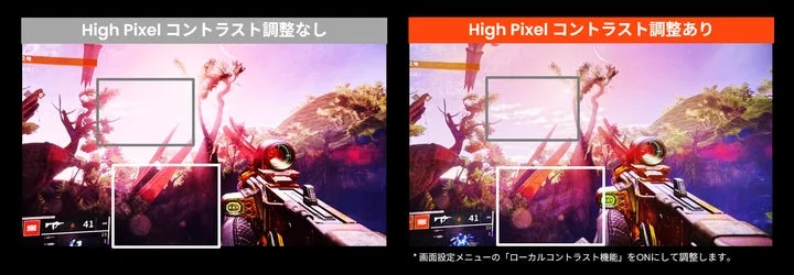 High Pixelコントラスト調整機能のON/OFF比較画面