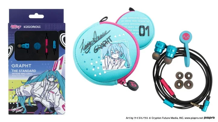 初音ミクコラボイヤホンのパッケージ、ポーチ、本体、付属品