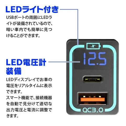 LEDライトと電圧計を搭載したUSBカーチャージャーのインターフェース