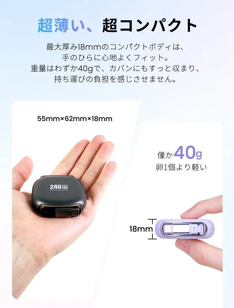 手のひらに収まる製品サイズと厚み18mmを示す画像