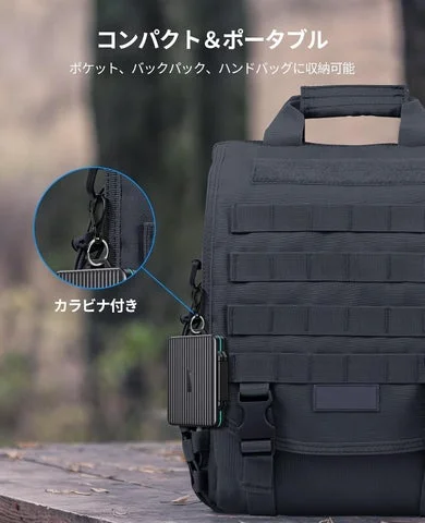 バックパックにカラビナで装着されたメモリーカードケース