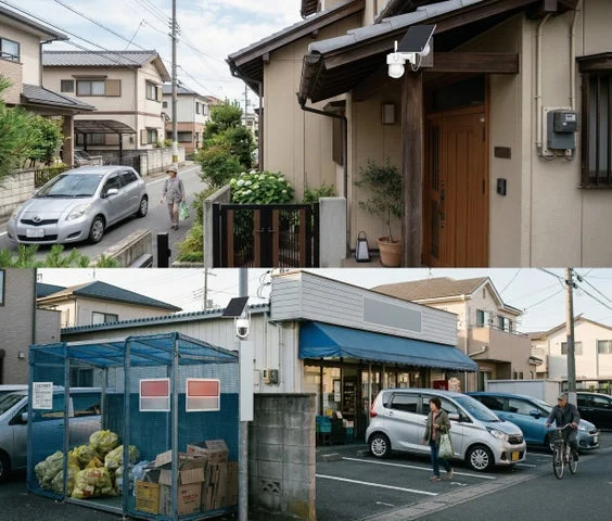 住宅の玄関や屋外ゴミ集積所に設置されたスマートカメラ