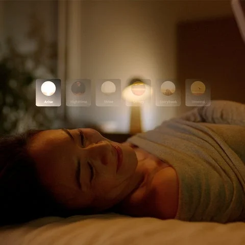ベッドで眠る女性と6つのプリセットシーンのアイコン表示