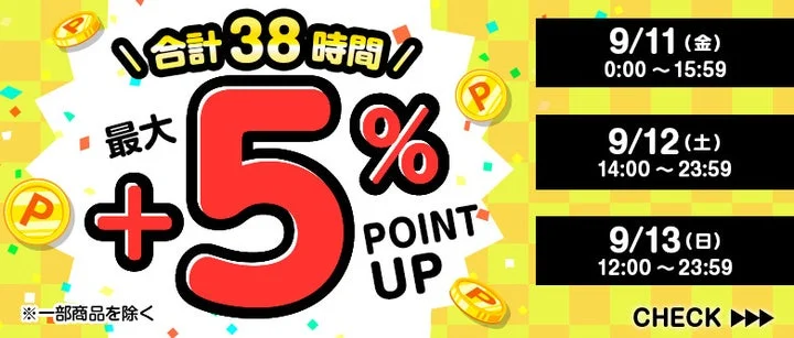 合計38時間、ポイント最大5%アップのキャンペーン告知バナー