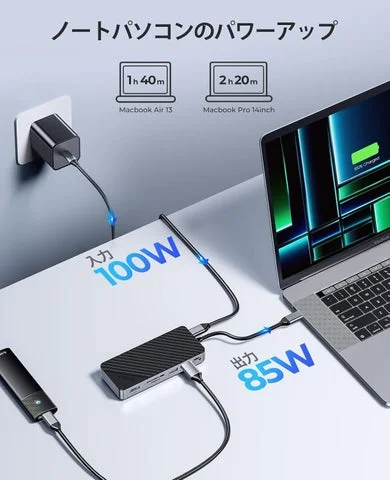 PD100W充電器を使用してノートPCを充電している様子