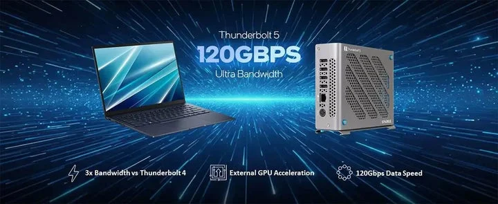 Thunderbolt 5による120Gbps帯域幅の高速性能を示すイメージ図