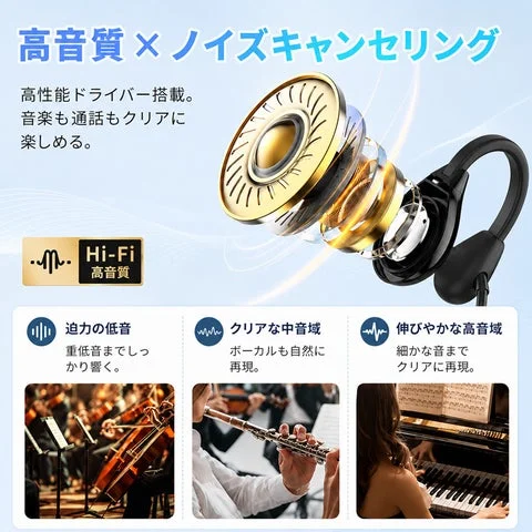 イヤホンのスピーカー構造図と音楽演奏のイメージ