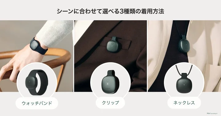 ウォッチバンド、クリップ、ネックレスの3種類の装着スタイル