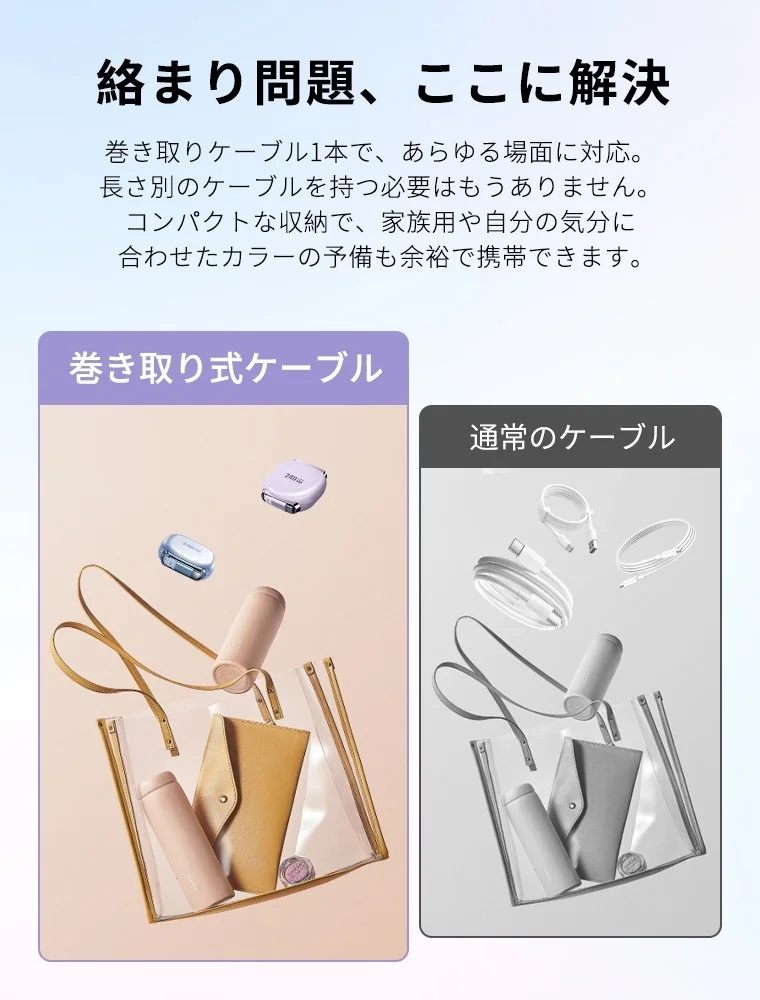 バッグの中での巻取り式ケーブルと通常ケーブルの収納状態比較