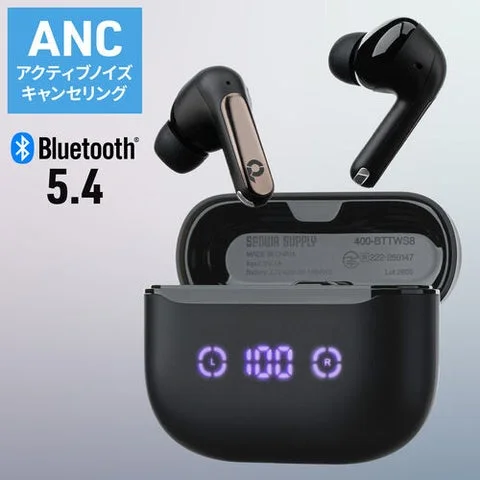 充電ケースとイヤホン本体、ANCとBluetooth5.4のロゴ