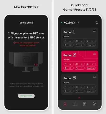 ZOWIE SyncアプリのNFCペアリング画面とプリセット設定画面