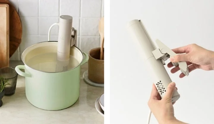 鍋に装着した低温調理器と、スライド式クリップの着脱シーン
