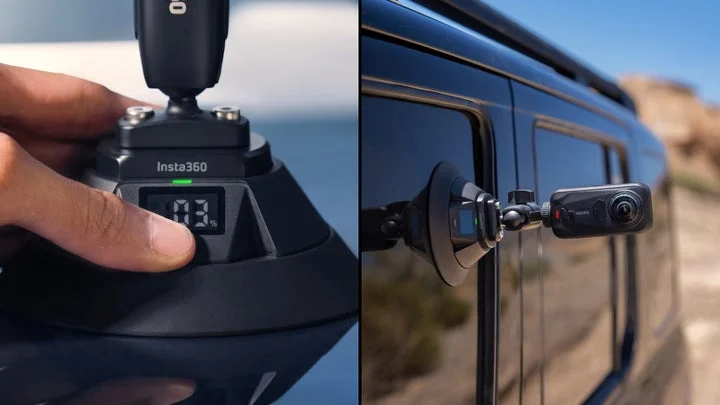 車の窓に吸盤で固定されたInsta360 X6