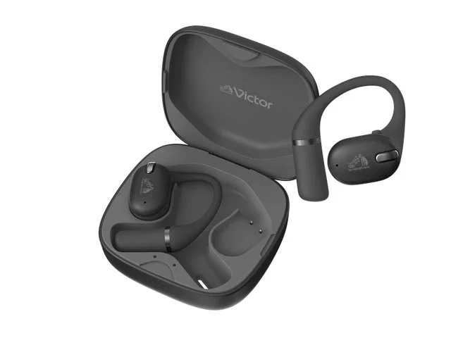 スリムブラックの完全ワイヤレスイヤホン本体と充電ケース