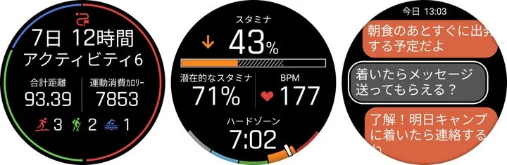 アクティビティ記録、スタミナ状況、メッセージ通知を表示する3つの画面例