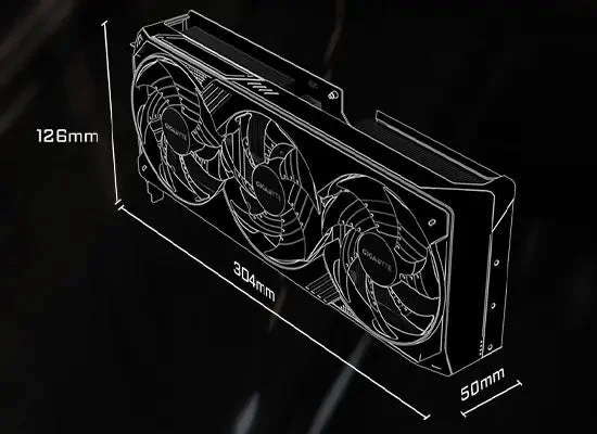 GeForce RTX 5080の寸法情報(126mm, 304mm, 50mm)
