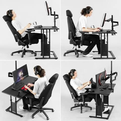 デスクの高さを調整し、様々な姿勢でゲームをプレイする様子