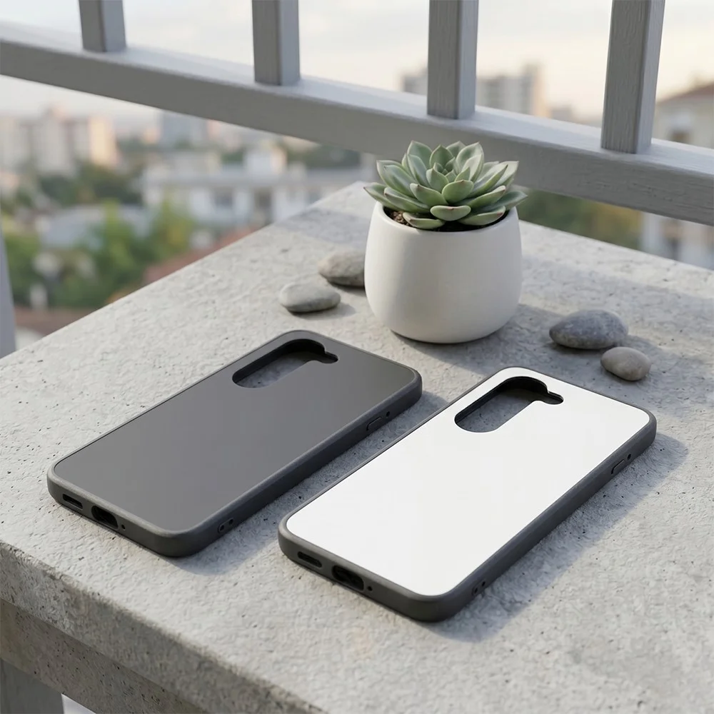 屋外の台座に並べられた黒色と白色のスマートフォンケース