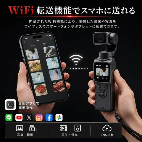 スマホアプリとWi-Fi接続して撮影データを転送・共有するイメージ画像。