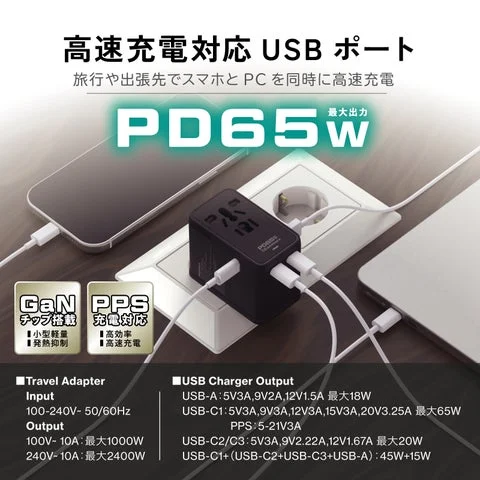 USBポートの出力仕様と高速充電対応を示す図解